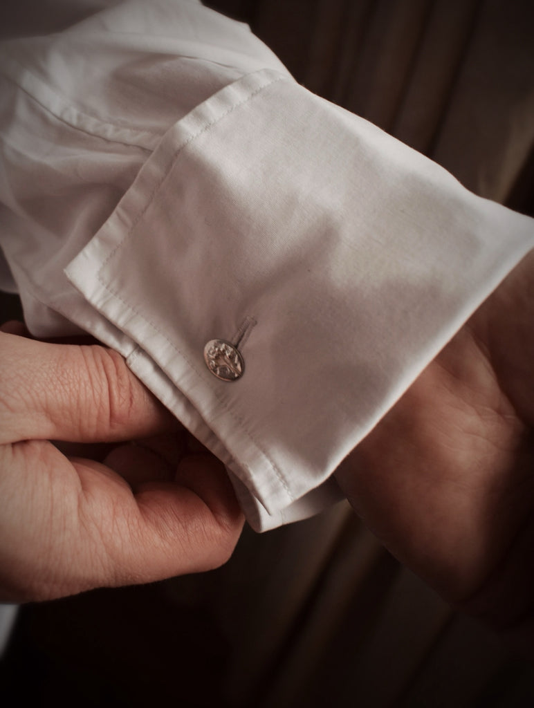 Silver Flower Cufflinks on dress shirt