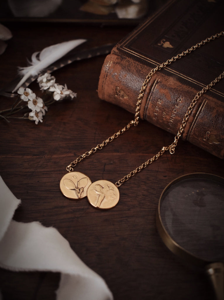 Gold Double Coin Necklace - Sweet Pea Flower & Primrose