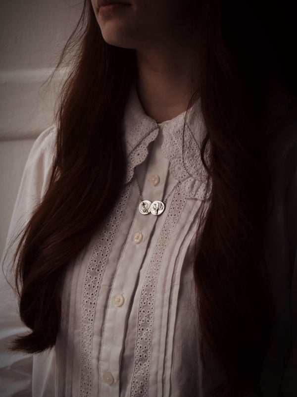 Sterling Silver Double Coin Necklace - Cinquefoil & Primrose Flowers