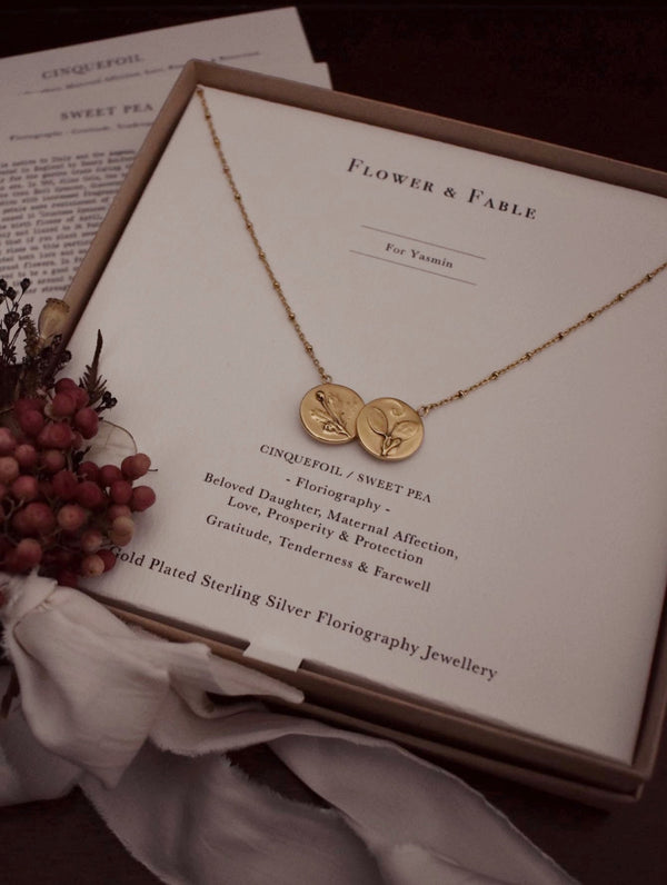 Gold Cinquefoil / Sweet Pea Double Coin Necklace