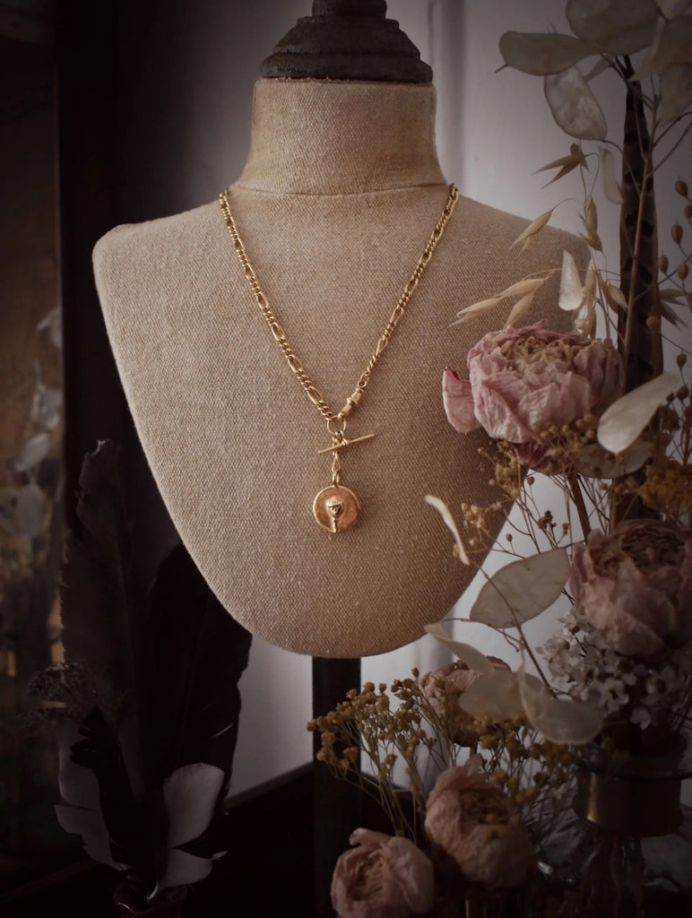 Gold Figaro Watch Chain Poppy Coin Charm