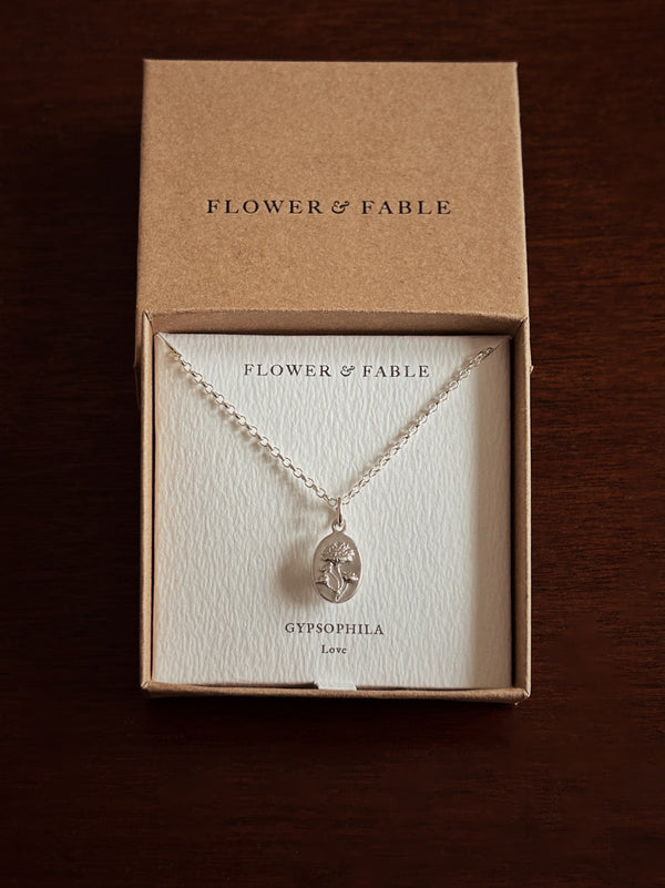 Gypsophila Flower Medal Charm with Belcher chain necklace