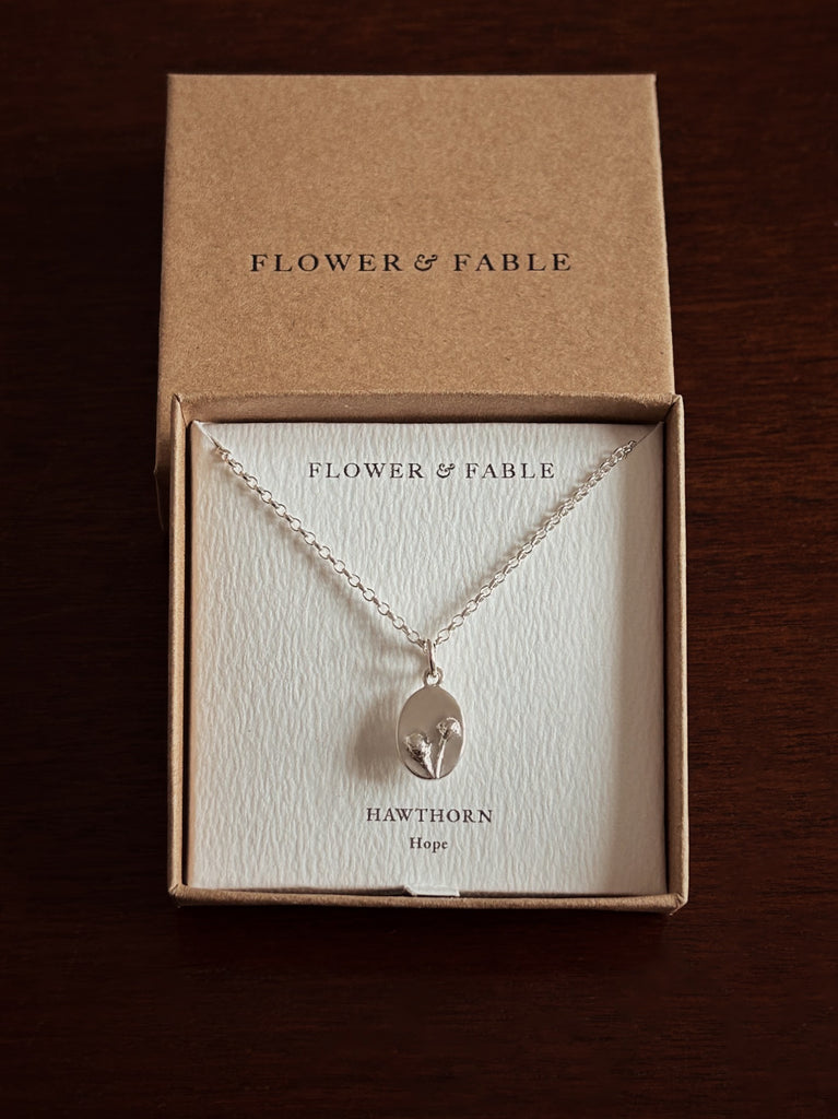 Hawthorn Flower Medal Charm with Belcher chain necklace