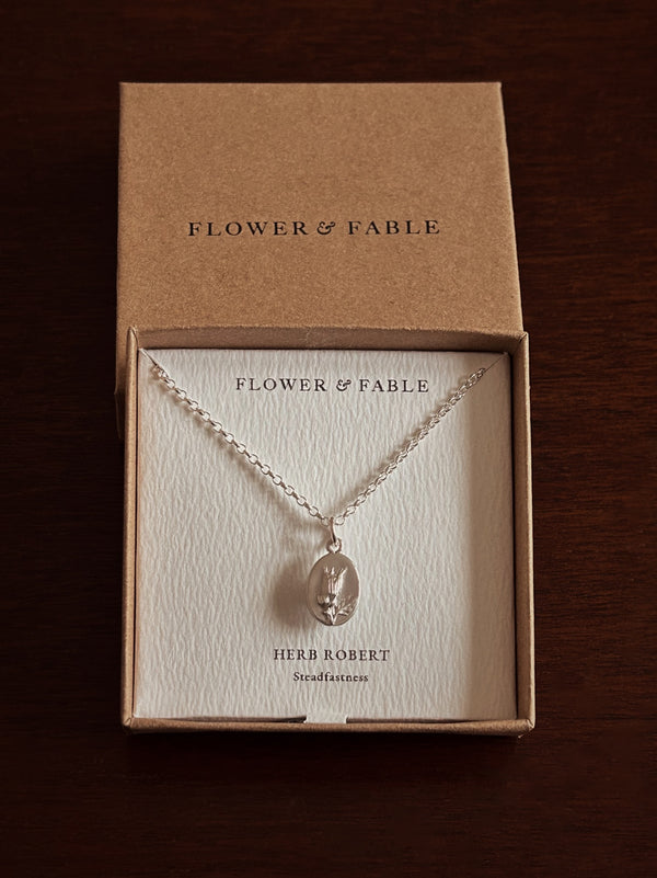Herb Robert Flower Medal Charm with Belcher chain necklace