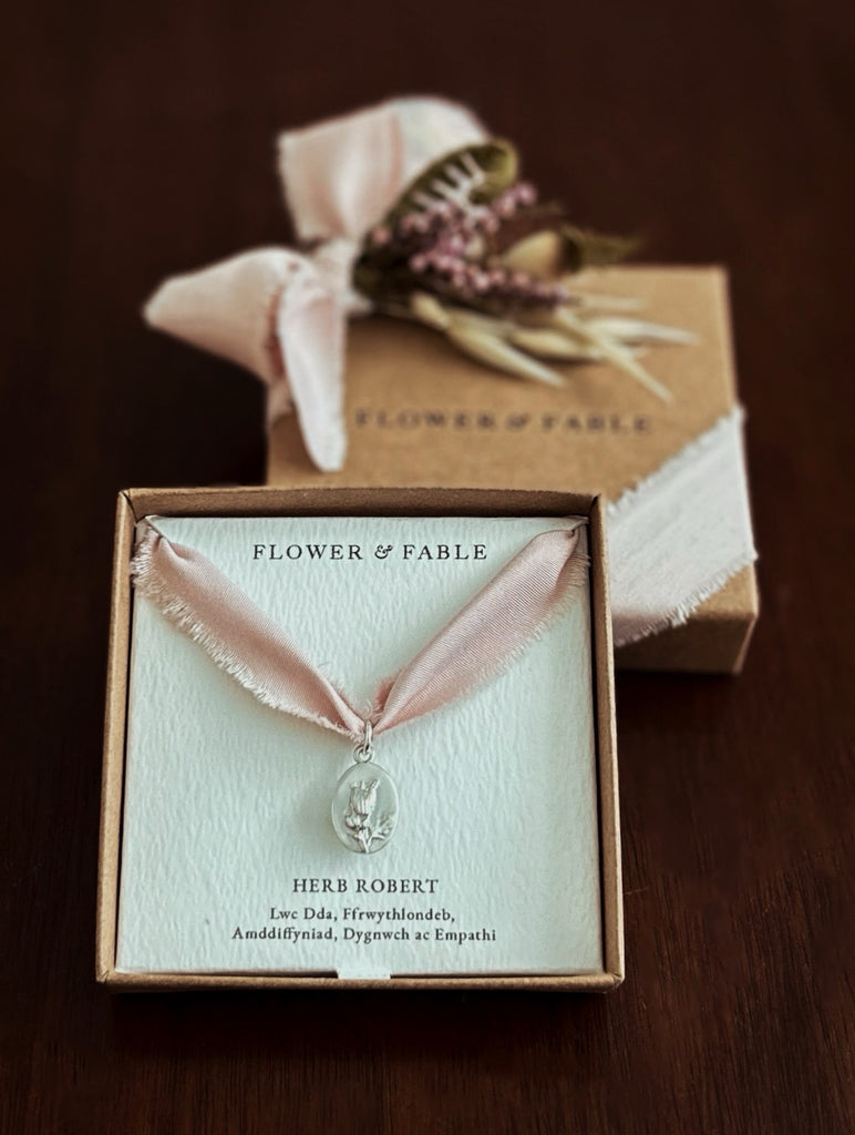 Herb Robert Charm Necklace in a 'Flower & Fable' box in Welsh