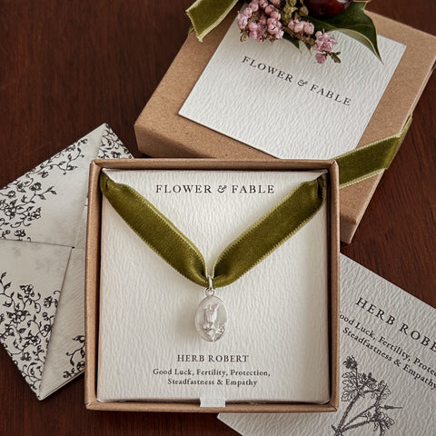 Herb Robert charm necklace in a 'Flower & Fable' box, love note and Christmas packaging 