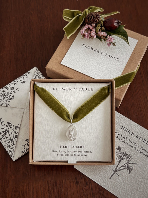 Herb Robert charm necklace in a 'Flower & Fable' box, love note and Christmas packaging 