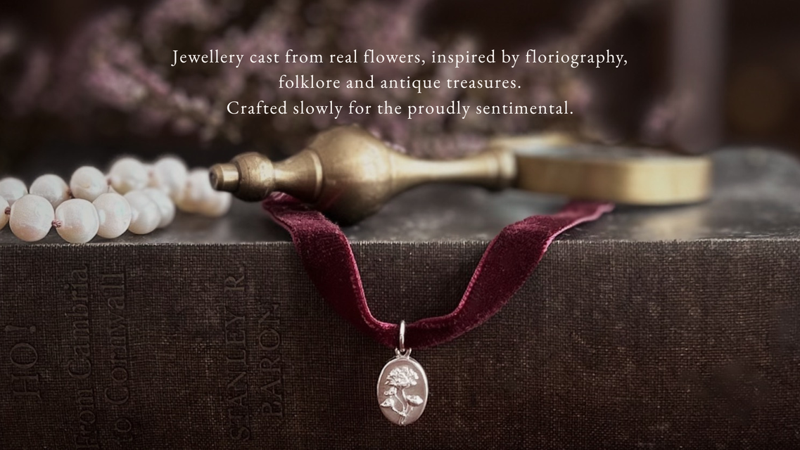 Flower & Fable hero image describing the business as making jewellery and the inspiration behind it