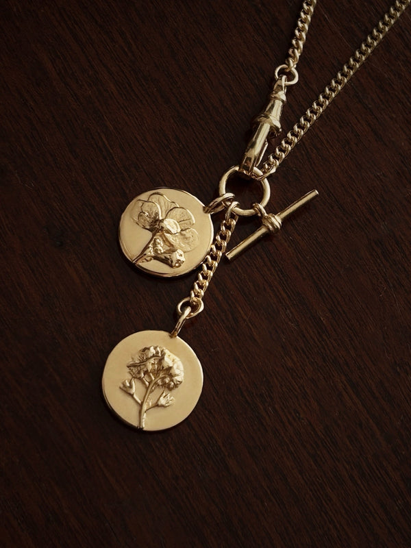 Gold Watch Chain Necklace with Forget me not and Hydrangea flower coin charms