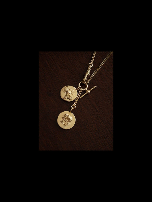 Gold Watch Chain Necklace with Forget me not and Hydrangea flower coin charms