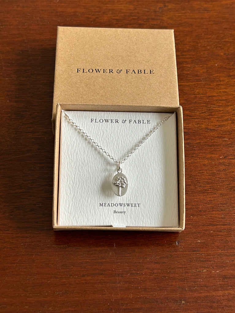 Meadowsweet Flower Medal Charm with Belcher chain necklace