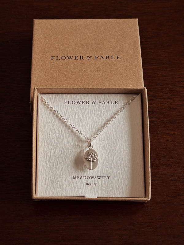 Meadowsweet Flower Medal Charm with Belcher chain necklace