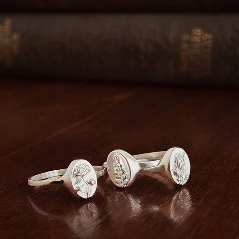 Sterling Silver Signet Rings. 3 different flowers Gypsophila, Fern & Herb Robert