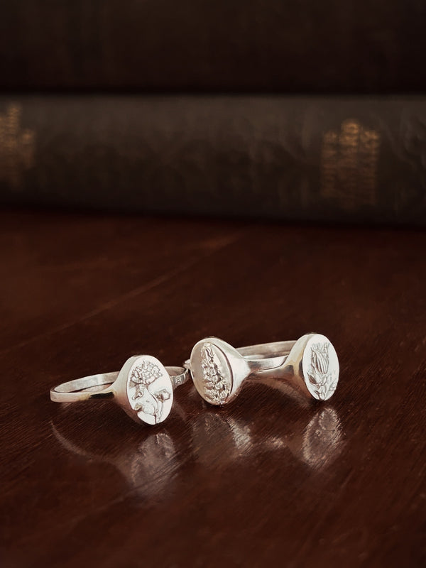 Sterling Silver Signet Rings. 3 different flowers Gypsophila, Fern & Herb Robert