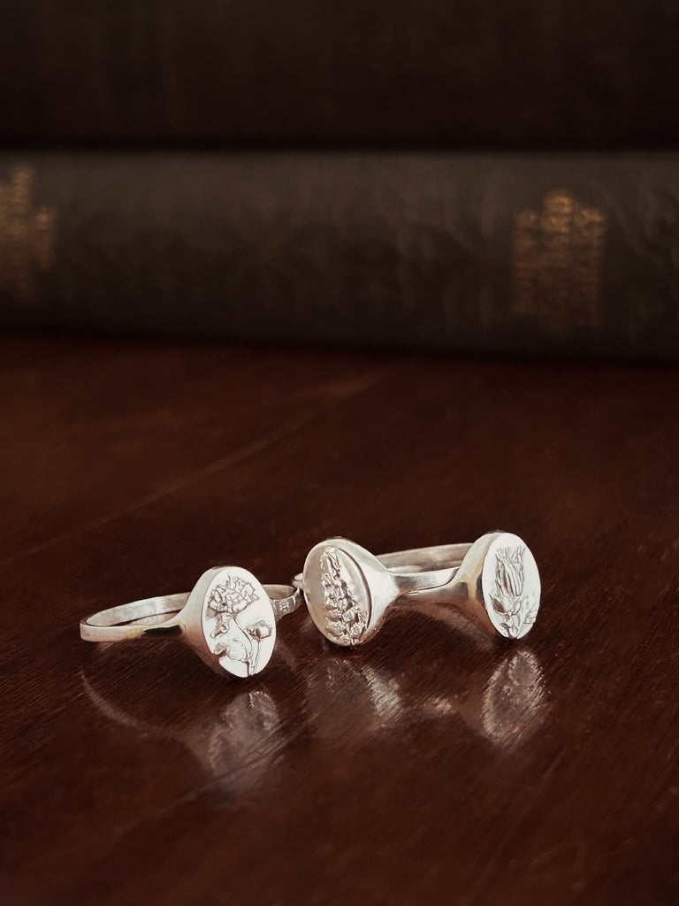 Sterling Silver Signet Rings. 3 different flowers Gypsophila, Fern & Herb Robert