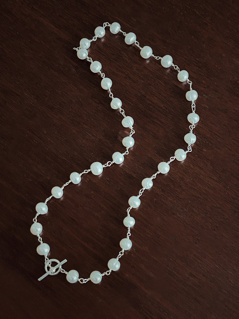 Hand wired sterling silver t bar pearl necklace, complete picture