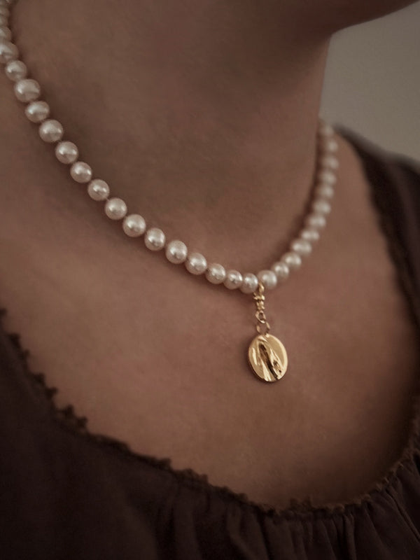 Hand strung and knotted Gold Pearl bead necklace with Snowdrop Coin charm