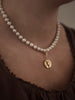 Hand strung and knotted Gold Pearl bead necklace with Snowdrop Coin charm
