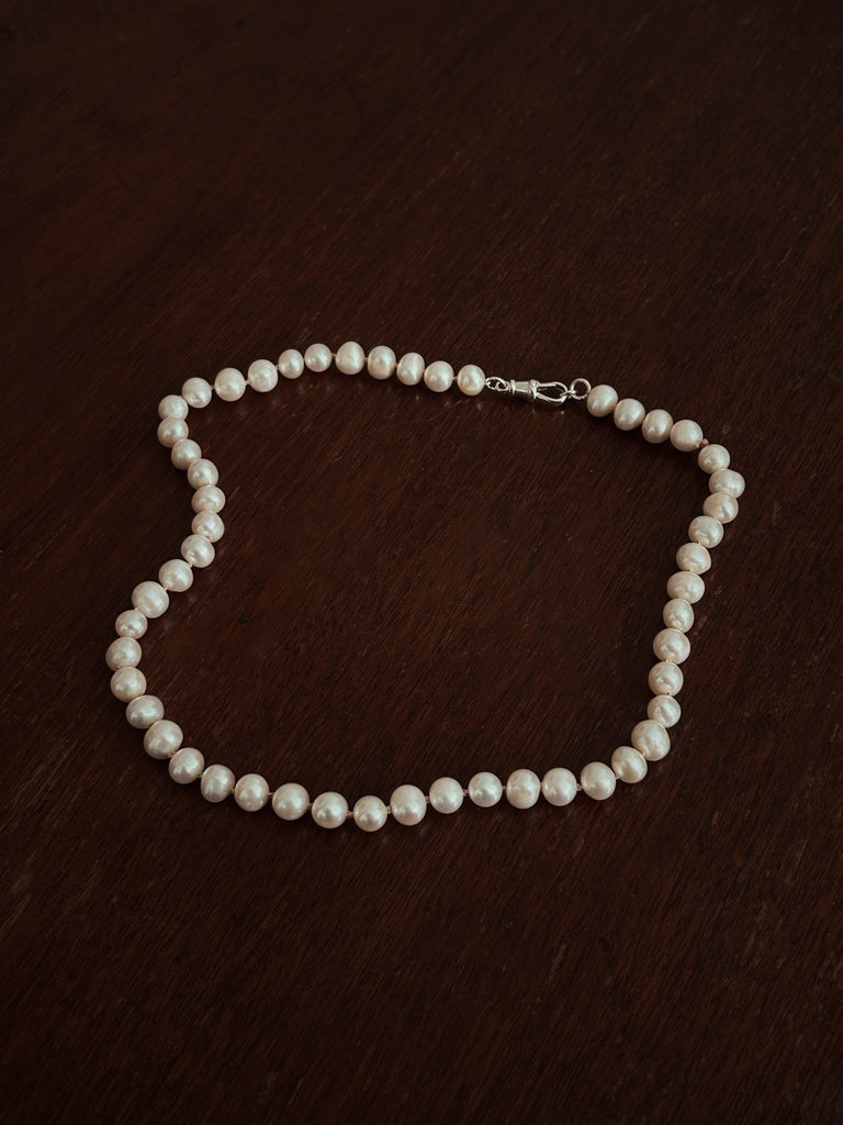 Hand strung and knotted Silver Pearl bead necklace