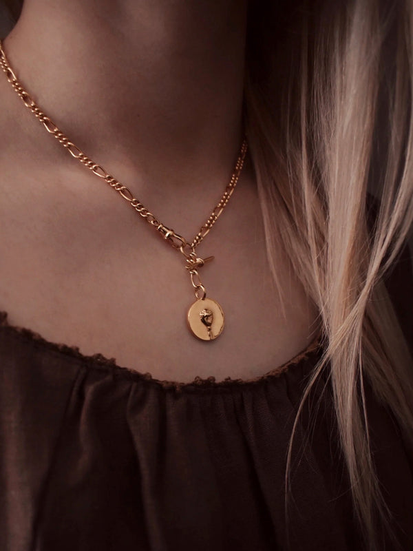 Gold Figaro Watch Chain Necklace Poppy Charm Pendant