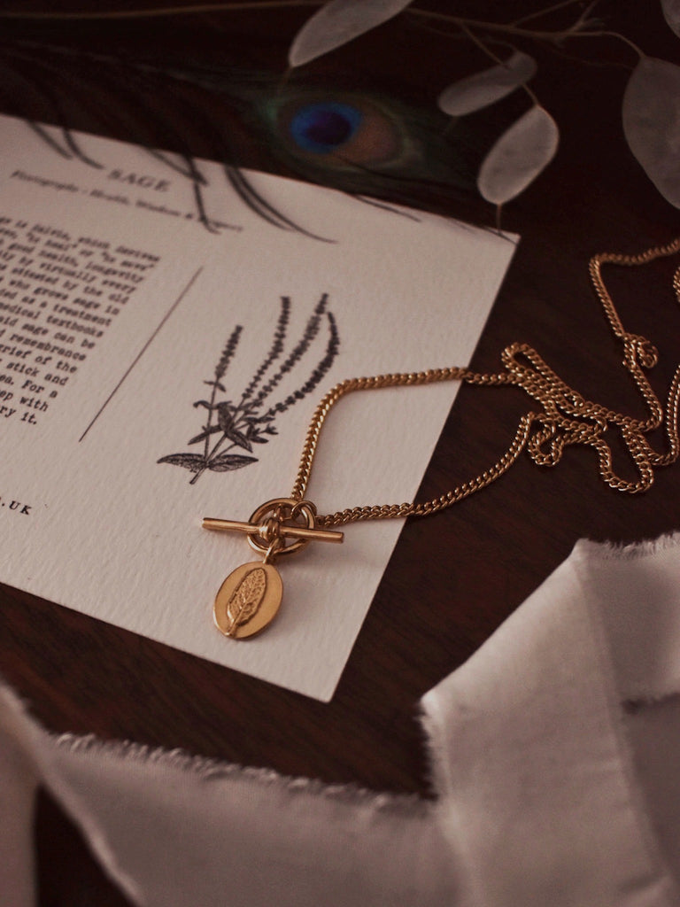 Gold Curb T Bar Necklace with Sage Charm