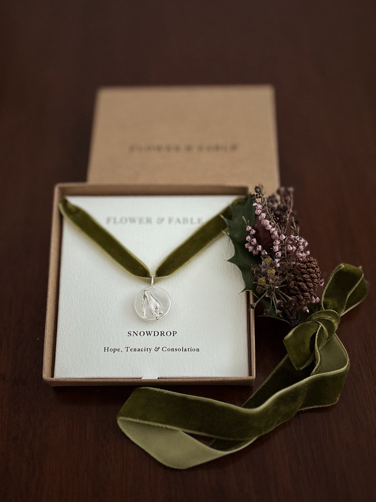 Silver snowdrop charm with Flower & Fable flower posy