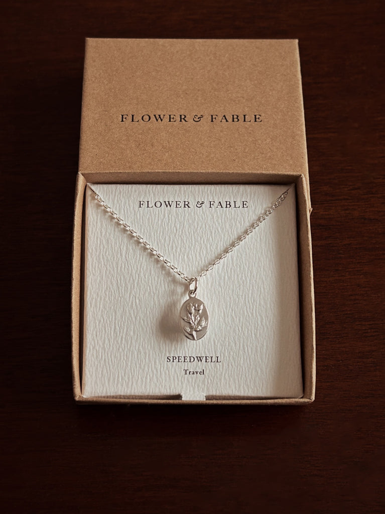 Speedwell Flower Medal Charm with Belcher chain necklace
