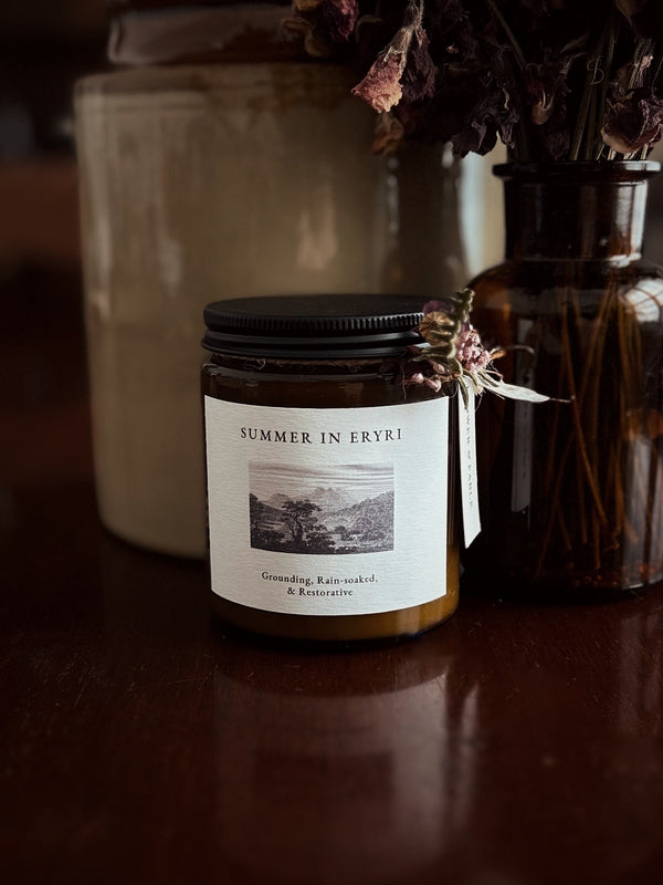 Hand poured soy candle in amber glass with wood wick - Summer in Eryri by Flower & Fable